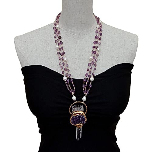 FQHIDMOMX Purple Amethysts White Pearl Rosary Chain Necklace 40x90mm Amethysts Quartz Pendant 26.5"