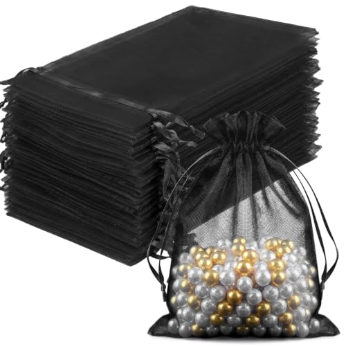 Image of FUNFERY 100PCS Black Organza Gift Bags 4x6in,Drawstring Pouch for Jewelry