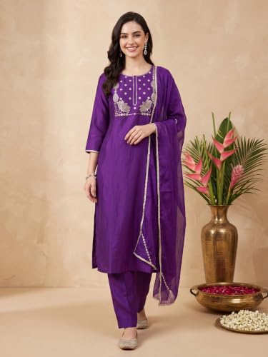Image of INDO ERA Women's Silk Blend Embroidered Thread Work Straight Kurta & Pant with Dupatta Set | Kurta Sets For Woman