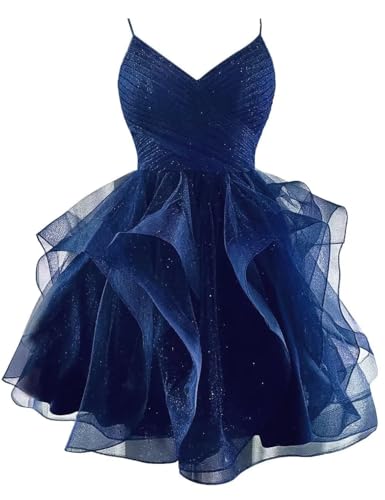 Glitter Tulle Short Prom Dress Spaghetti Straps V Neck Tiered Homecoming Dresses for Teens 2025 Sparkly Cocktail Gown