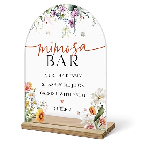 Mimosa Bar Sign For Table, Wildflowers Acrylic Mimosa Bar With Base Supplies For Baby Shower Bridal Shower, Decorations For Wedding Bachelorette Engagement Party, Welcome Sign Stand For Party -06