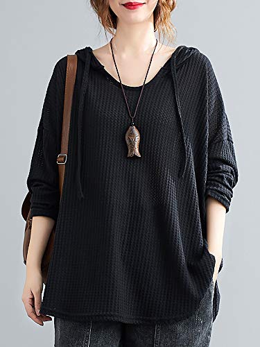 Leeofty Moletom feminino com capuz com cordão manga comprida cor sólida solto moletom com capuz pulô