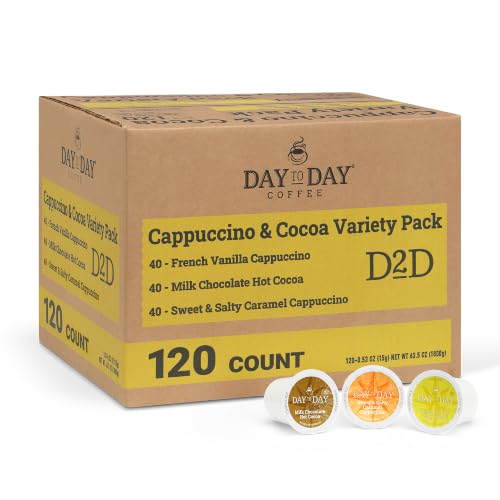 Image of Day To Day Coffee Cappuccino, Hot Cocoa Variety Pack, 120 Count Single Serve Pods, French Vanilla Cappuccino, Milk Chocolate Hot Cocoa and Sweet Salty Caramel Cappuccino, Compatible with Keurig K-Cup Brewers, Family Friendly