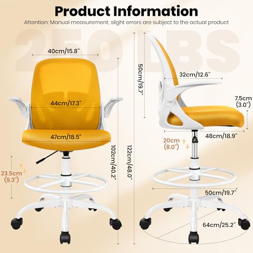 Image of Primy Drafting Chair Tall Office Chair with Flip-up Armrests Executive Ergonomic Computer Standing Desk Chair with Lumbar Support and Adjustable Footrest Ring (Mustard)