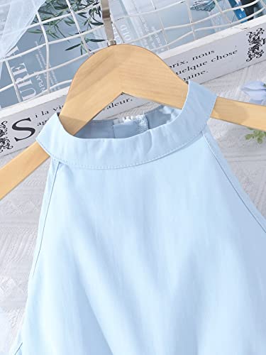Oyoangle Girl's Summer Halter Sleeveless Zipper High Waist Belted Flare Leg Long Pants Jumpsuit Blue 9Y #TOP2