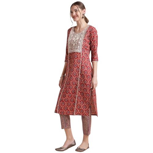 Image of NAINVISH Cotton Blend Kurti Pant & Dupatta | Kurta Set for Women | Women Kurta Pant Dupatta Set | Kurta Pant with Dupatta Set | Embroidered Kurta Pant Dupatta Set