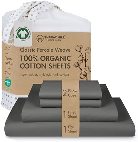 Threadmill 100% Organic Cotton Queen Sheets - GOTS Certified 4 Piece Dark Grey Percale Sheets Set - Soft & Cooling Bedsheet Set with Reusable Bag, Snug Fit with 16" Deep Pocket - Light - Thumbnail 2