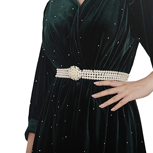 Jumwrit Elastic Pearl Belt for Women Rhinestone Big Pearl Flower Waist Chain Layered Pearl Wedding Dress Belt Sash Off White Round Pearl Bridal Belt（Style 5）2