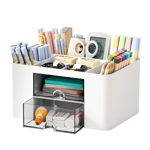 Organisateur de Bureau avec 5 Compartiments et 2 Tiroirs, Rangement Bureau Organisateur en Plastique, Multifonctionnel Desk Organizer pour les Fournitures,...