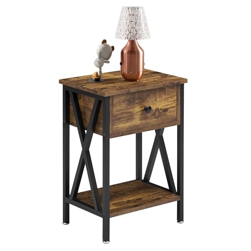 Image of VECELO Nightstand,Modern Bedside End Tables, Night Stand with Drawer and Storage Shelf for Living Room Bedroom, Industrial Metal Frame