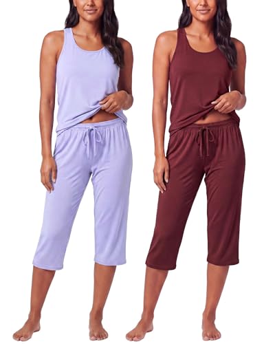 Image of Real Essentials 2 Pack: Women's Tank Top & Capri Pajama Set - Super-Soft Sleeveless Summer Loungewear (Plus Size Available)