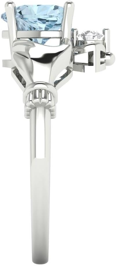 Clara Pucci Natural Aquamarine Heart Cut Claddagh Ring | 14K Solid Gold | 1.05 cttw | Womens White Gold Fashion Jewelry