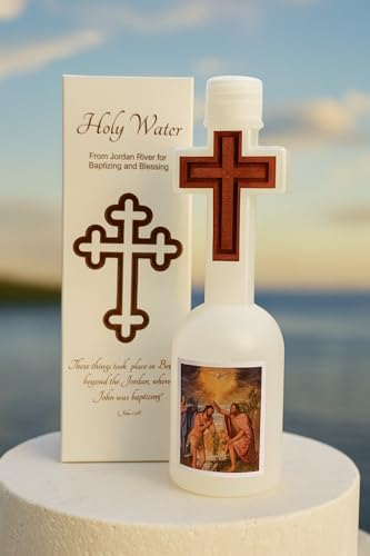 Authentic Holy Water from the Jordan River, the Baptism Site of Jesus Christ. Housed in a Cross-shaped Bottle with the Silver Seal of Authenticity guranteeing its genuine origin.