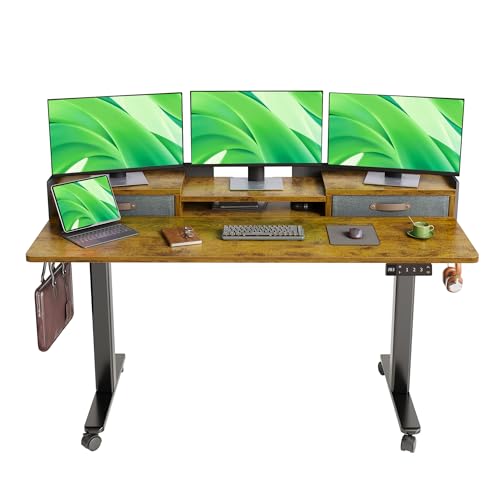 Image of Claiks Standing Desk with Drawers & Wheels, 2 Height Shelf 59 inch Rustic Brown