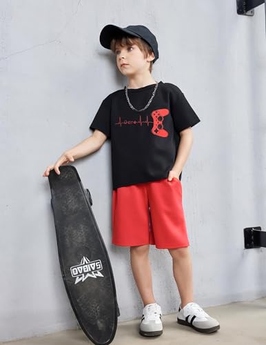 Image of Arshiner Boys Drop Shoulder T-Shirt & Drawstring Waist Shorts Summer Casual Outfits (5-12 Years)