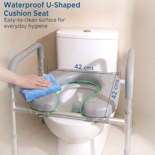 Image of KosmoCare Aluminium Toilet Seat Raiser with Cushioned Seat | Adjustable Toilet Safety Frame with Handles for Elderly & Disabled | Toilet Seat Riser with Armrests | Toilet Safety Rails for Seniors
