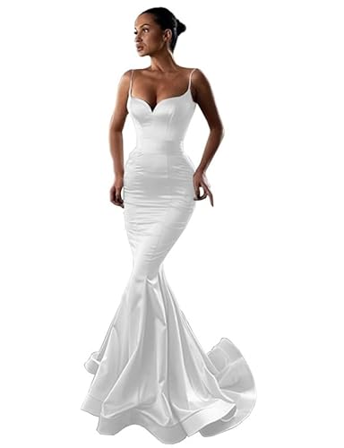 Lvxiuzi Women's Mermaid Sweetheart Spaghetti Straps Prom Dresses Ruched Long Evening Gowns White US8