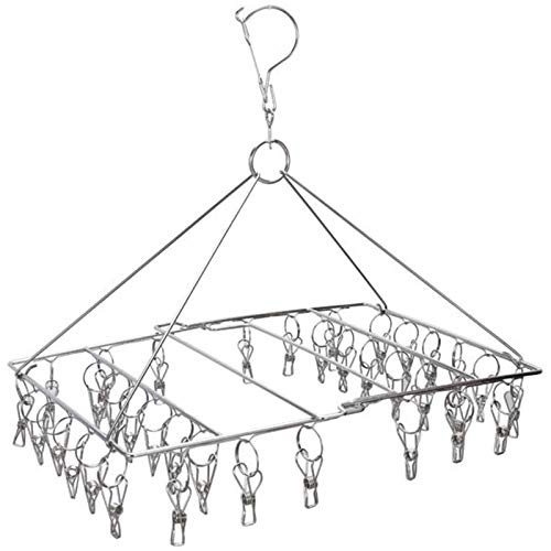 Regilt 4 Pack Laundry Drying Rack Clothes Hanger with 10 Clips Swivel Hook Wind-Proof Clothes Hanger Folding Stainless Steel Clothes Hanger Rack for Socks, Underwear, Baby Clothes(36 Clips-1 Pack)