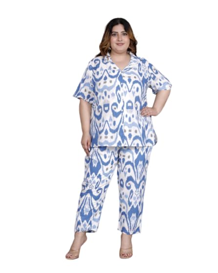 Image of Printed Shirt Style Cotton Night Suit for Women with Extra Plus Size
