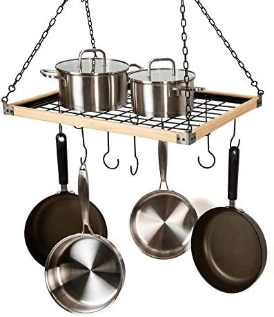 Soduku Pot Pan Rack with Shelf Grid, Ceiling Mounted Hanging Multi-Purpose Wood & Metal Cookware Hanger Organizer Kitchen Storage with 10 Hooks