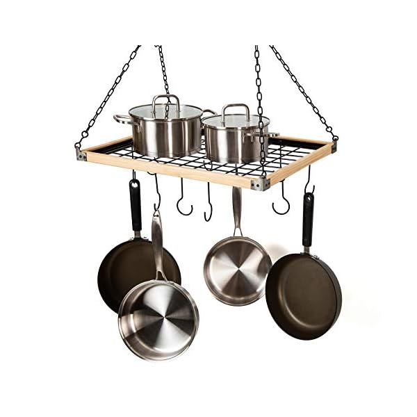 SODUKU Pot Pan Rack with Shelf Grid, Ceiling Mounted Hanging Multi-Purpose Wood & Metal Cookware Hanger Organizer Kitchen Storage with 10 Hooks