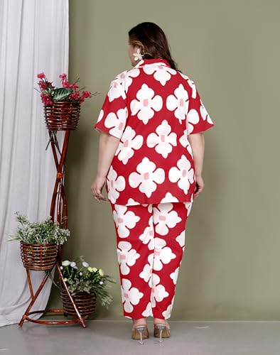 Image of Printed Shirt Style Cotton Night Suit for Women with Extra Plus Size