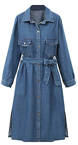 QZUnique Women Long Denim Coat with Belt Long Sleeves Windbreaker Plus Jean Jacket Outwear US 2XL