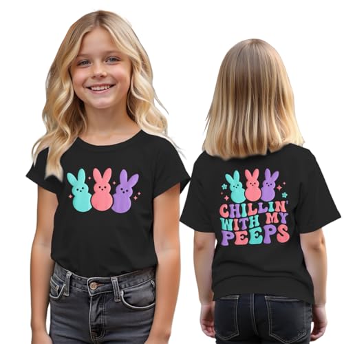 MODNTOGA Boys Girls Easter Outfit Bunny Graphic T-Shirt Chillin' with My Peeps Letter Back Print Shirt Short Sleeve Tee Tops