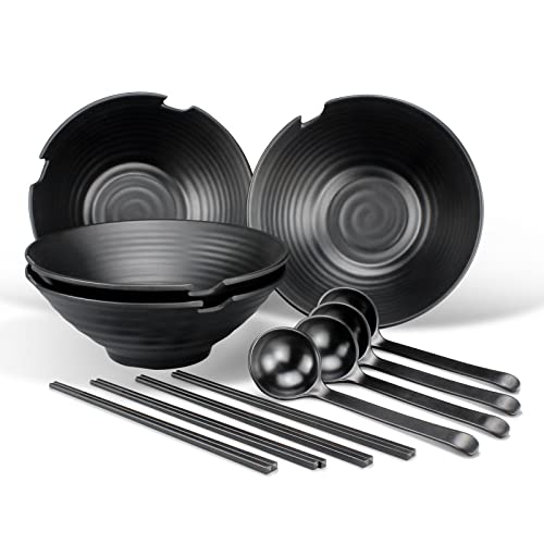 Ramen - Juego de 4 cuencos de plástico para picnic de 1100 ml, capacidad de 32 onzas, ideal para mezclar ensalada de fideos, pasta, vajilla, ponche con palillos y cuchara Cover