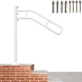 Upgraded Single Post Handrail, White Bent Wrought Iron Handrails for Outdoor 1-3 Steps, Metal Freestanding Porch Railing, Floor Mounted Stair Rails with 2 Anti-Skid Crossbar for Garage, 32"L x 35.8" H