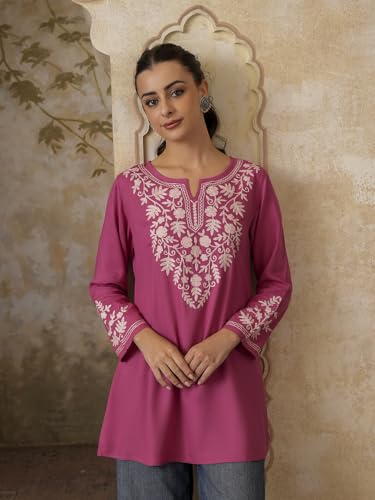 Image of QAZMI Women's Aari Embroidered Viscose Rayon A-Line Flared Short Kurti