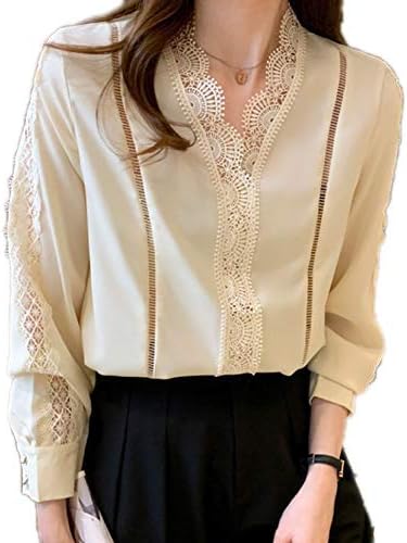 Amazon ホワイトシャツ Vネック プルオーバー レディース 長袖シャツ エレガント Ol オフィス シフォンブラウス レディースファッション 無地 トップス おしゃれ 通勤 白 レース 通勤 通学 ビジネス デート 女子会 2次会 トップス シャツ ブラウス 通販