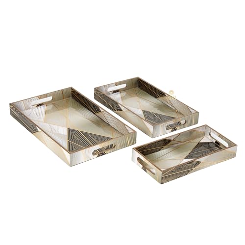 Image of Set of 3 Waterproof Lacquer Coated Wooden Trays - Geometric Abstract Design, Multipurpose MDF Serving Tray Set with Handles (16x10, 14x8, 12x6 Inches) (PremiumSetof3- Geometric)