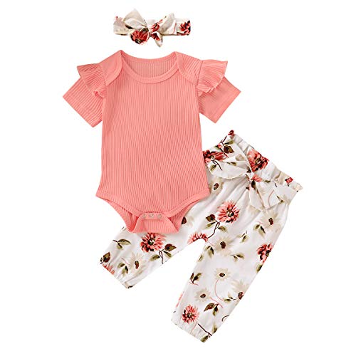 Baby Girls' 3-Piece Playwear Set, Infant Short-Sleeve Bodysuit, Floral Pants, Headband Summer Outfits (Pink, 3-6 Months)