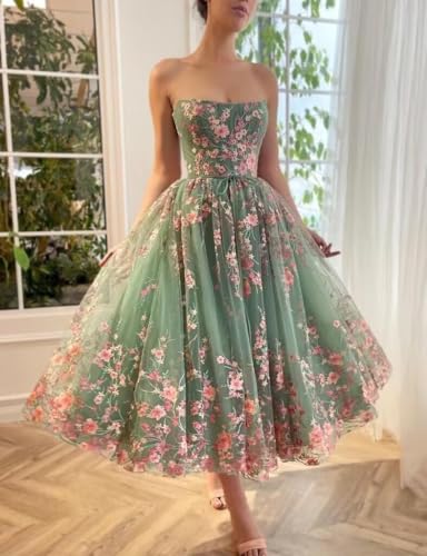 Jamille Tea Length Prom Dress with Pocket Strapless Dloral Gown Ball Gowns Tulle Formal Evening Dress Sleeveless JA00114