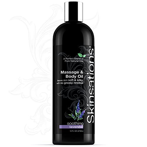 Skinsations - Sensual Massage & Body Oil - Lavender 16oz | Lightweight & Silky Soft, Edible Sweet Almond, Fractionated Coconut, Grapeseed & Jojoba Oils with Organic Lavender EO for Massage Therapy