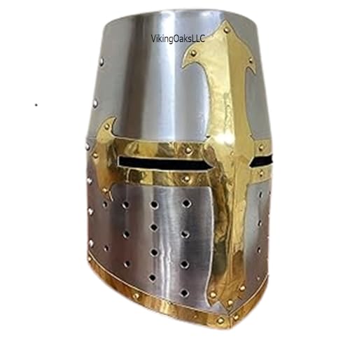 VikingOaksLLC Medieval Knight Crusader Armour Helmet | Silver Finish Sugarloaf and Brass Design Templar Helmet | Great Greek Roman Spartan Helm A+ | Wearable For Adult | Medieval Costumes