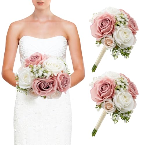 DIYDOFUN Wedding Bridesmaid Bouquets Set of 2, Artificial Silk Flowers