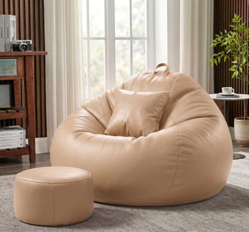 Image of Sattva Classic 4XL Bean Bag Chair with Beans Filled | Faux Leather Sofa Style Beanbags with Footstool & Cushion | Pre-Filled Bin Bags for Adults & Kids | Beam Bag Seating for Home & Office - Cream
