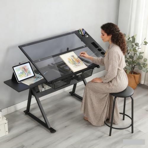Roockky Drafting Table, 0-75° Tilting Glass Tabletop Drawing Table with Stool -...