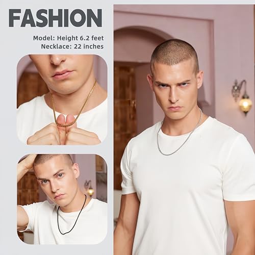 3 Pcs Men Women Chain Necklace, 4mm Stainless Steel Gold Black and Silver Wheat Chains, 18"/22"/26"/30 Inches4