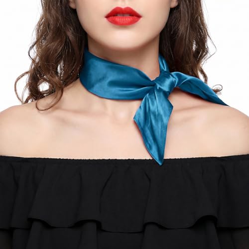 ZLYC 100% Mulberry Silk Scarf for Women 21 Square Neckerchief Lightweight Hair Bandana & Headscarf Solid Peacock Blue