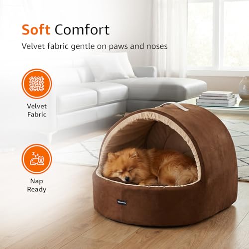 Image of Amazon Basics Pet Bed Cave | Soft & Warm Indoor Tent Bed for Cats, Kittens & Small /Medium Dogs (Pug, Beagle, Shih Tzu) | Foldable with Removable Cushion | Russet & Beige | 59 x 56 x 48 cm