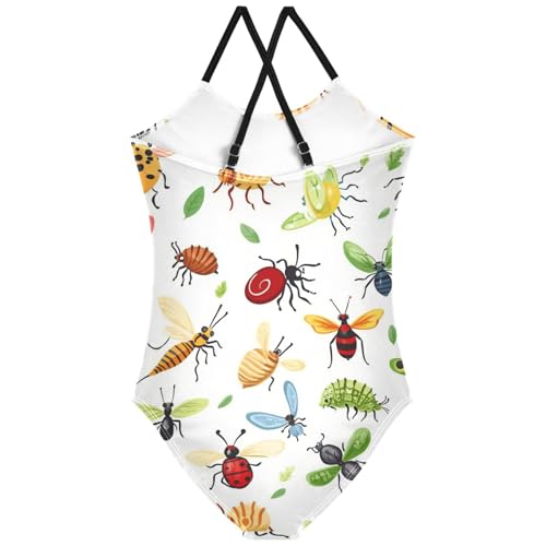 Pigsaly Girls One Piece Swimsuits Insects Bugs Beetle Dragonfly Kids Cross Back Swimwear Toddler Beach Sport Bathing Suit 3T2