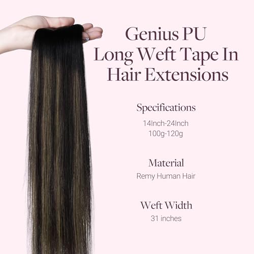 Image of GOO GOO Tape In Weft Hair Extensions Human Hair, Genius PU Long Weft Tape In Hair Extensions Real Human Hair, Silky Easy to Use, 1B /6 /1B Balayage Natural Black to Chestnut Brown 16 inch 100g