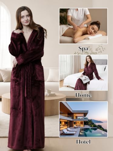 Image of Hellomamma Long Hooded Robe for Women Luxurious Flannel Fleece Full Length Bathrobe Winter Warm Pajamas Shower Nightgown