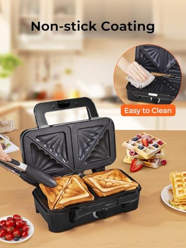 HOUSNAT Sandwich Maker, 3 in 1 Waffle Maker with Removable Plates, 1200W Panini Press with Interchangeable Non-Stick Plates, Indicator Lights, 5-gear Temperature Control (Black)