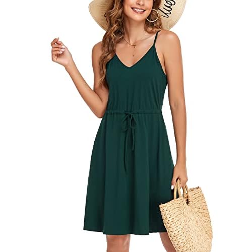 HUSKARY Women Summer Casual Midi Dresses Short Sleeve V Neck Drawstring Knee Length T Shirt Dress with Split and Pocket Army Green Small