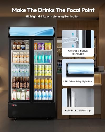 Image of 21 cu.ft Commercial Refrigerators, Beverage Fridge with LED Light, 2 Glass Door Drink Merchandiser with 8 Adjustable Shelves, 32-50F Digital Control ETL Certified Black