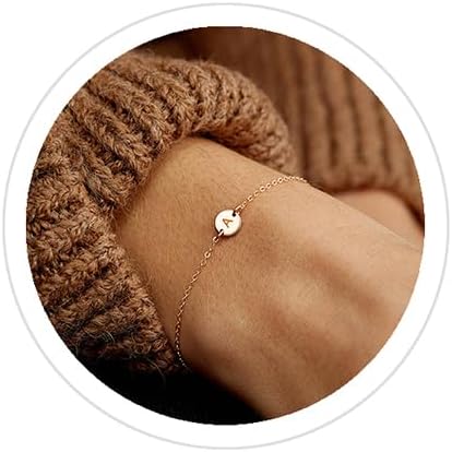Personalized Initial Bracelet, 18K Gold Plated Stainless Steel Letter Bracelet Dainty Coin Charm Bracelet Delicate Disc Name Bracelet for Women